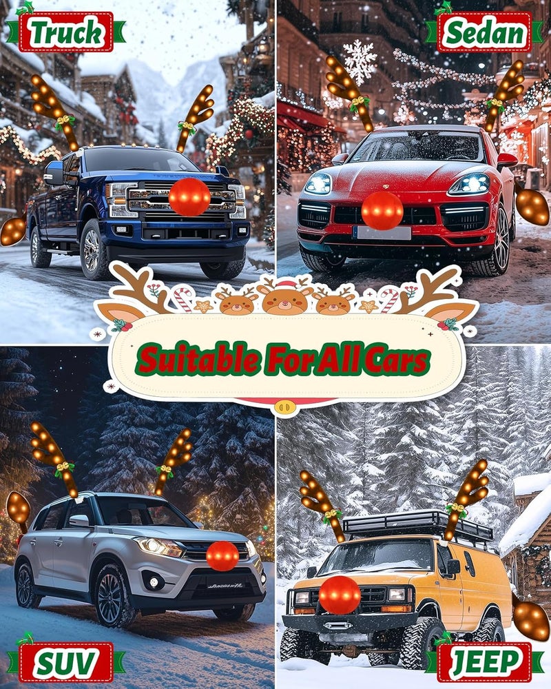 Dergo Christmas Reindeer Antlers Car Decoration Kit, LED Lights Nose Vehicle with Jingle Bells Rudolph, Auto Holiday Accessories for SUV Van Truck Decor Warm White - Image 2